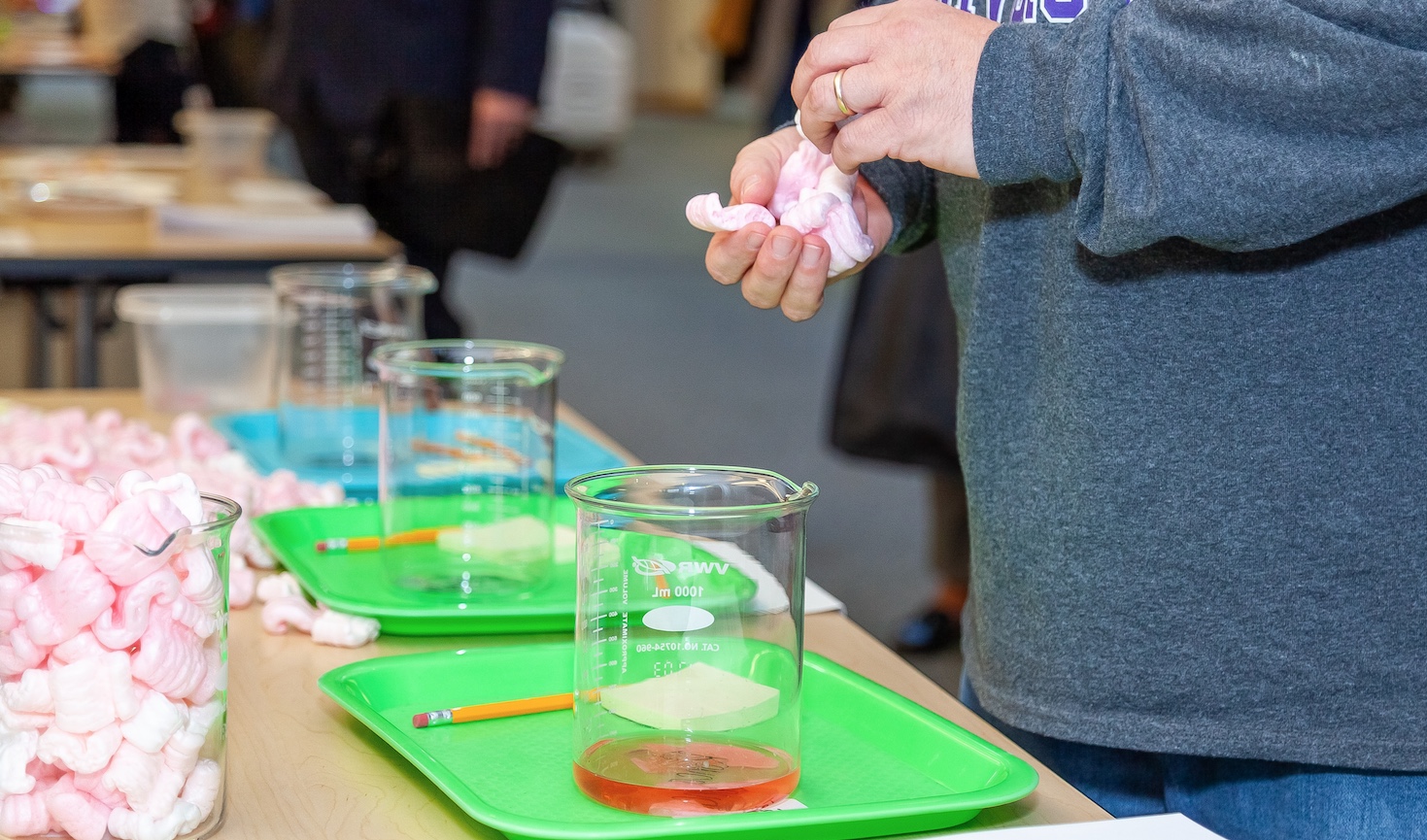 A teacher uses packing peanuts and water for a science demo