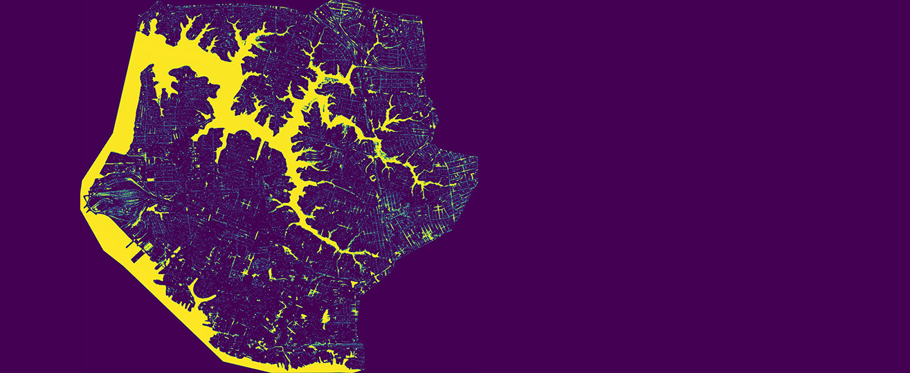 This illustration visualizes the predictions of Norfolk street-scale flooding by the studied machine learning surrogate models. (Jefferson Lab illustration)