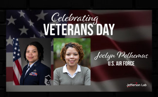 Celebrating Veterans Day banner featuring Joclyn Polhemus of the U.S. Air Force against a backdrop of the American flag, with her name and the Jefferson Lab logo. 